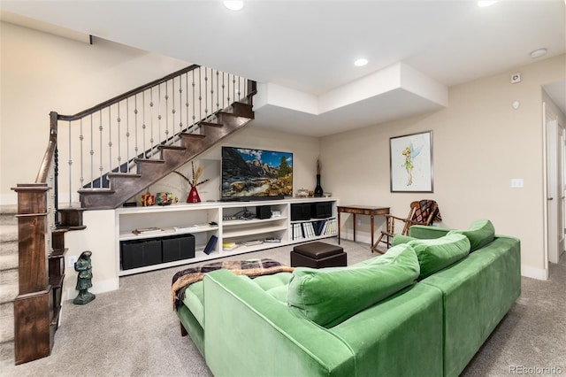 carpeted living room featuring recessed lighting, baseboards, and stairs