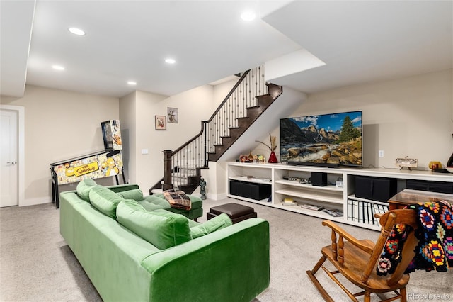 living room featuring carpet flooring, stairway, recessed lighting, and baseboards