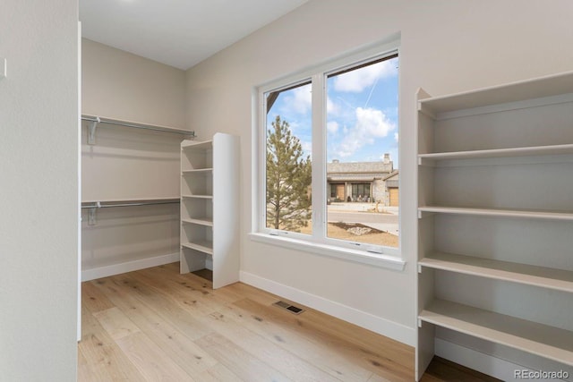 spacious closet with light hardwood / wood-style flooring