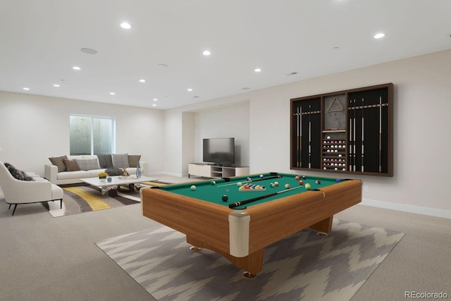 recreation room with carpet and billiards