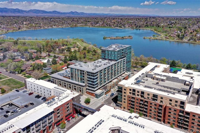 bird's eye view featuring a water and mountain view