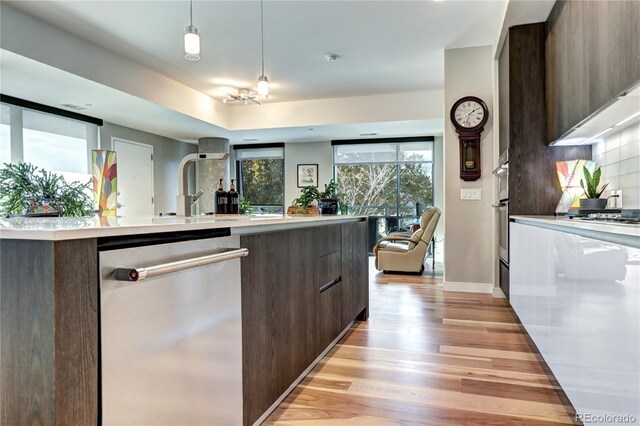 kitchen featuring appliances with stainless steel finishes, dark brown cabinetry, tasteful backsplash, and light hardwood / wood-style floors