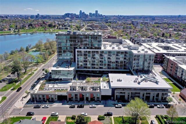 aerial view with a view of city and a water view