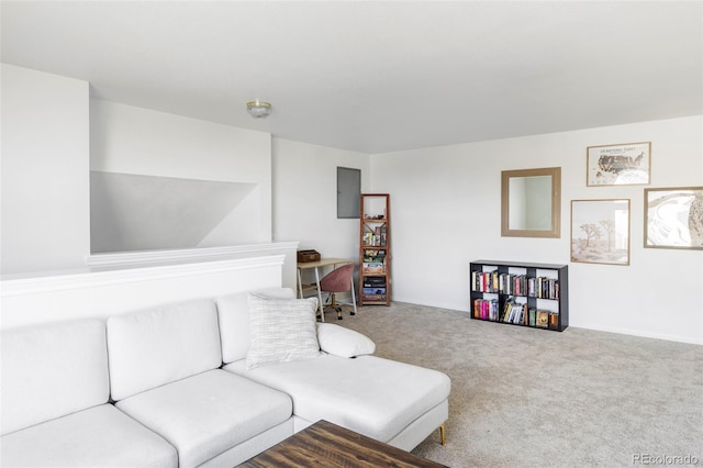 living room with carpet flooring and electric panel