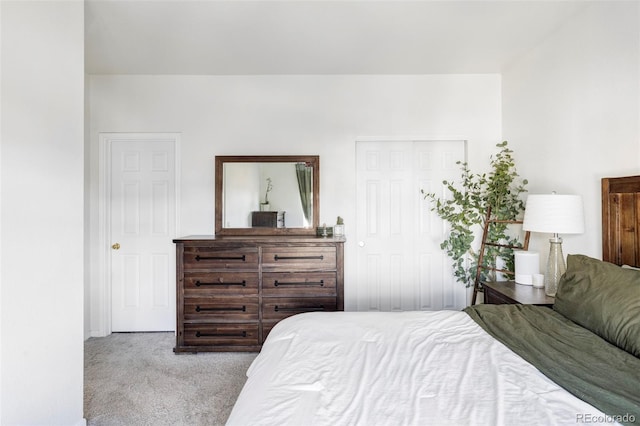 bedroom featuring light carpet and a closet