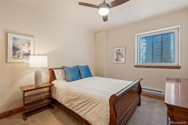 bedroom featuring a baseboard radiator, ceiling fan, and baseboards