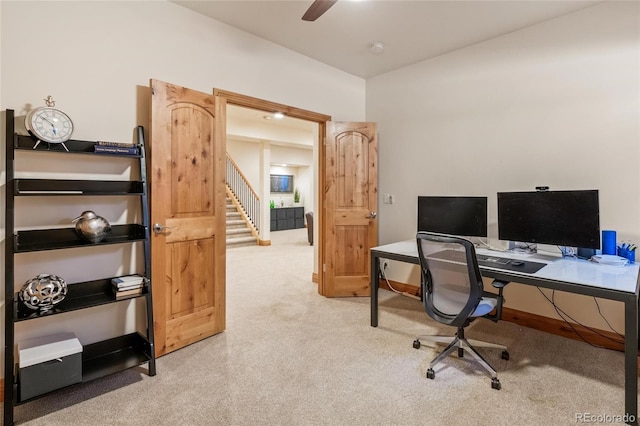 home office with carpet and ceiling fan