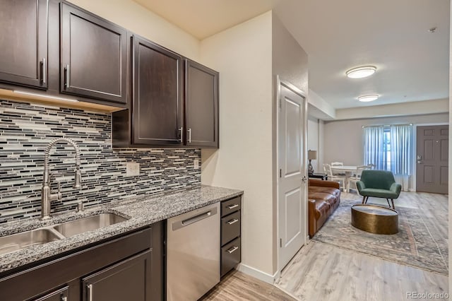 12856 Jasmine St Unit E, Thornton, CO 80602 - kitchen with dishwasher, light wood-type flooring, dark brown cabinetry, and light stone counters