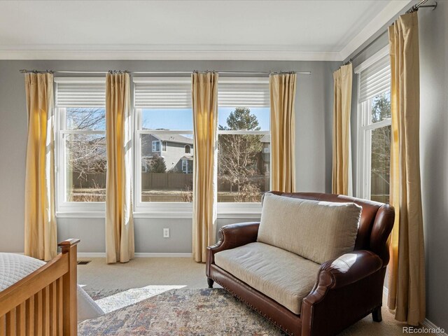 sitting room with light carpet and ornamental molding