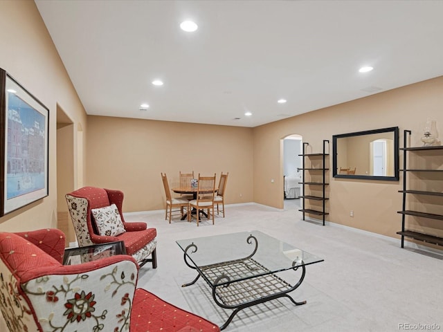 living room with light colored carpet