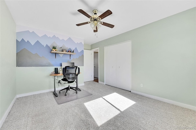 office space featuring light colored carpet and ceiling fan