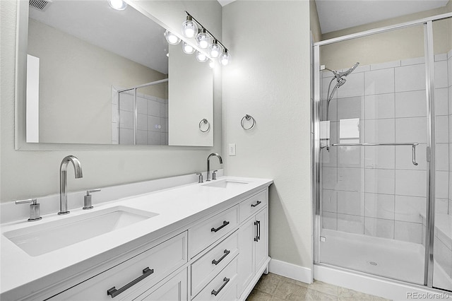 1285 W 9th Ave, Denver, CO 80204 - bathroom with a shower stall, double vanity, and baseboards