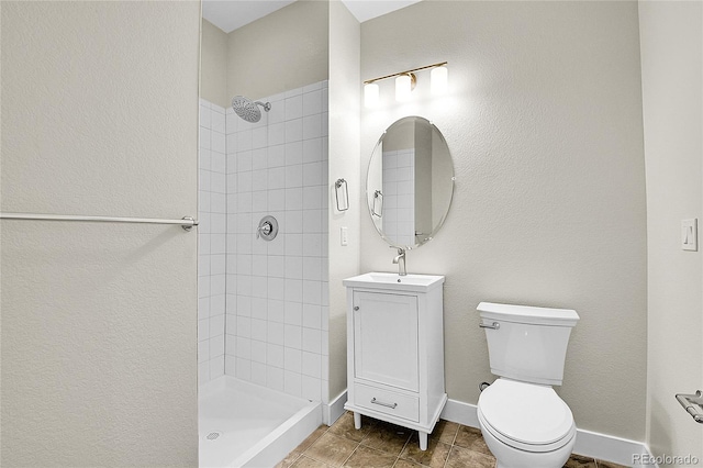 1285 W 9th Ave, Denver, CO 80204 - bathroom with tiled shower, toilet, vanity, and baseboards