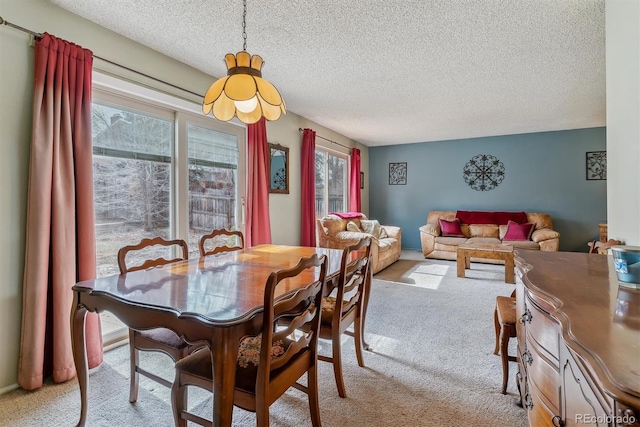 dining room with light carpet and a textured ceiling