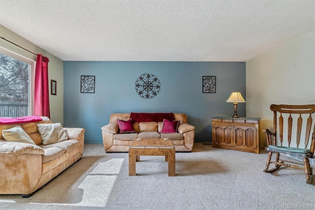 carpeted living area featuring a textured ceiling