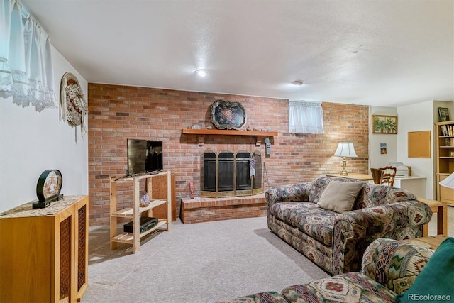 carpeted living area featuring a fireplace, brick wall, and a textured ceiling