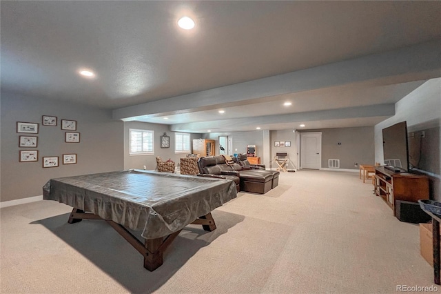 rec room with light colored carpet and billiards