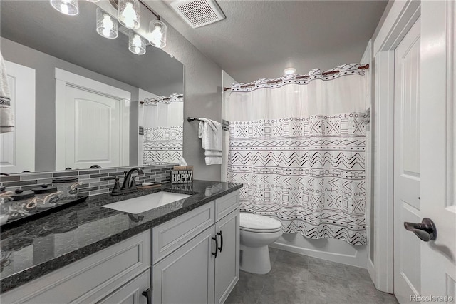 full bathroom featuring decorative backsplash, a textured ceiling, vanity, shower / bath combo with shower curtain, and toilet