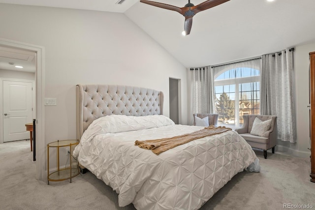 7404 La Quinta Ln, Lone Tree, CO 80124 - bedroom with light colored carpet, recessed lighting, high vaulted ceiling, a ceiling fan, and baseboards