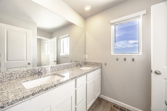 bathroom with hardwood / wood-style flooring and vanity