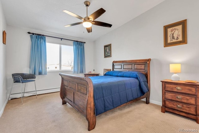 bedroom featuring baseboard heating, ceiling fan, and light colored carpet