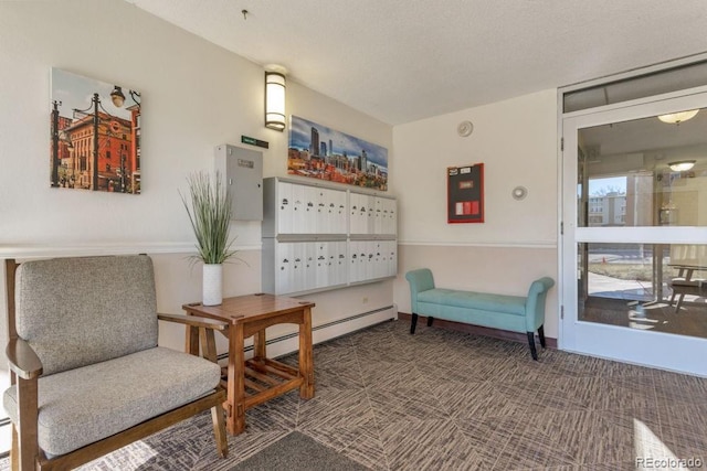 sitting room with a baseboard radiator and a mail area