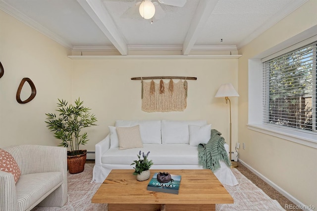 living area featuring carpet flooring, baseboards, beamed ceiling, ceiling fan, and a baseboard radiator