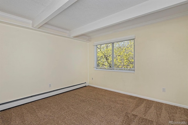 carpeted spare room with beamed ceiling, baseboards, a textured ceiling, and a baseboard radiator