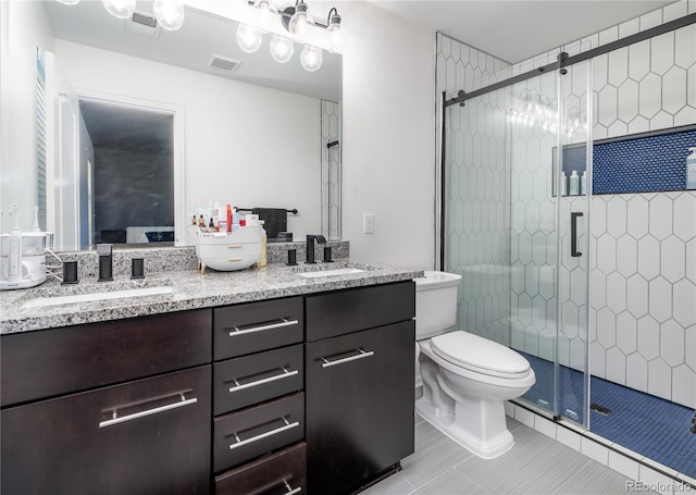 3412 Valentia St, Denver, CO 80238 - bathroom featuring double vanity, a stall shower, and tile patterned flooring