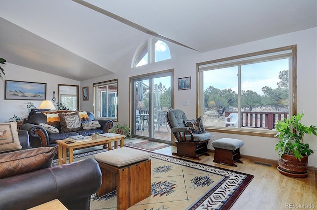 living room with lofted ceiling and light hardwood / wood-style floors