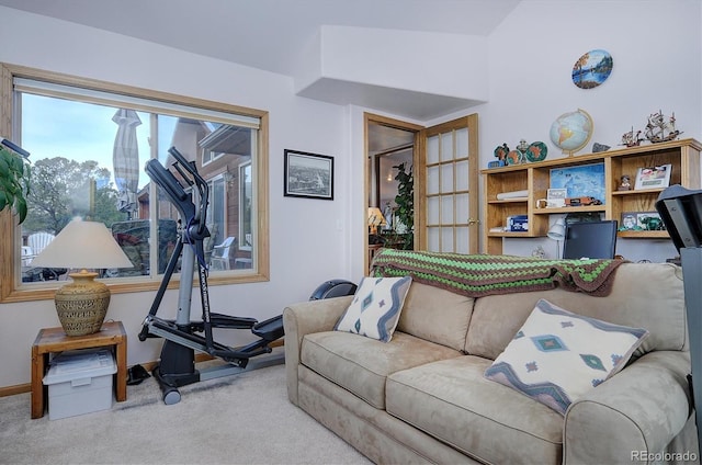 exercise area with vaulted ceiling and light carpet