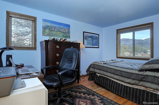 bedroom featuring wood-type flooring and a mountain view