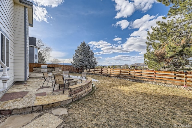 view of yard with a patio area, a fenced backyard, and an outdoor fire pit