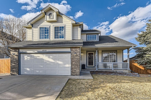 traditional-style home with concrete driveway, an attached garage, fence, a porch, and brick siding