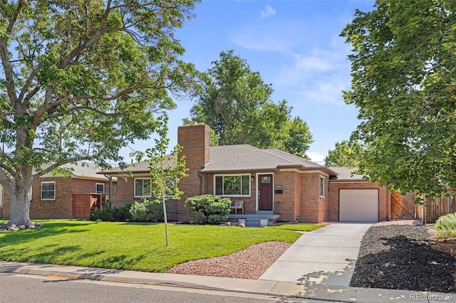 2880 N Glencoe St, Denver, CO 80207 - ranch-style house with a garage, brick siding, driveway, and a chimney