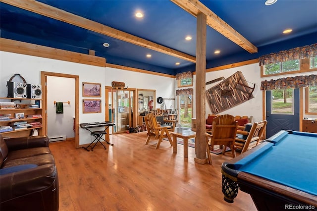 rec room with hardwood / wood-style flooring, pool table, a baseboard radiator, and beamed ceiling