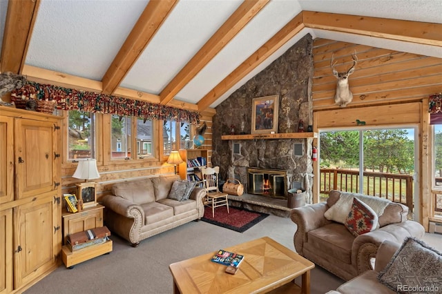 carpeted living room with a fireplace, lofted ceiling with beams, and a textured ceiling