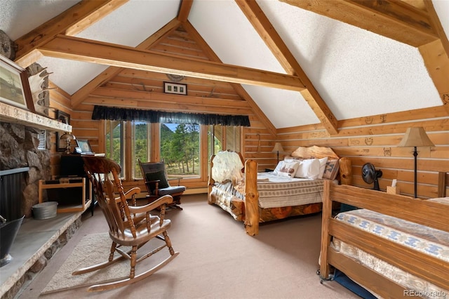 bedroom with carpet, lofted ceiling with beams, and wooden walls