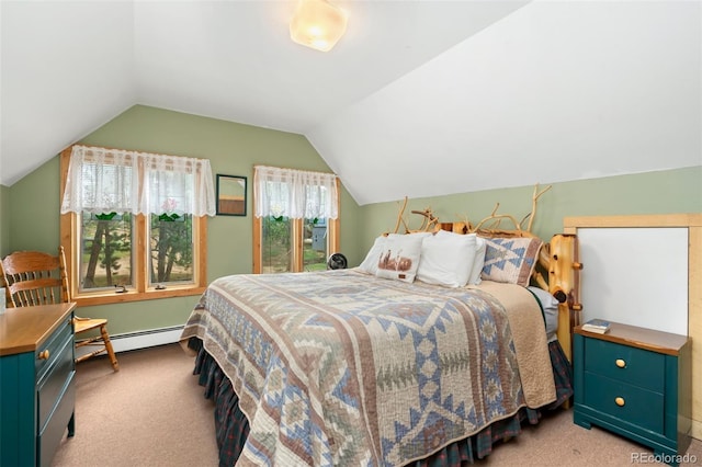 carpeted bedroom with lofted ceiling, multiple windows, and baseboard heating