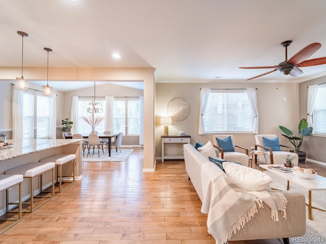3472 Harvard Pl, Broomfield, CO 80023 - living area with light wood-style flooring, baseboards, ornamental molding, ceiling fan, and recessed lighting