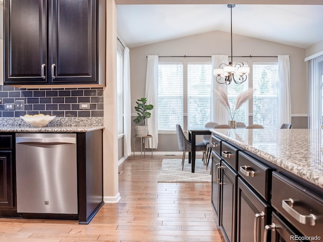 3472 Harvard Pl, Broomfield, CO 80023 - kitchen featuring stainless steel dishwasher, a chandelier, light wood-style flooring, lofted ceiling, and dark brown cabinetry