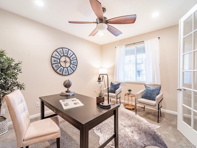 3472 Harvard Pl, Broomfield, CO 80023 - home office featuring carpet flooring, ceiling fan, baseboards, and recessed lighting