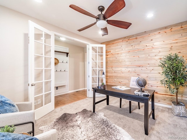 3472 Harvard Pl, Broomfield, CO 80023 - office space featuring french doors, wood walls, a ceiling fan, recessed lighting, and carpet flooring