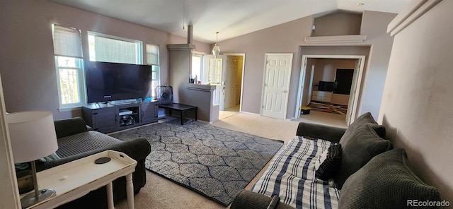 living room with light colored carpet and lofted ceiling