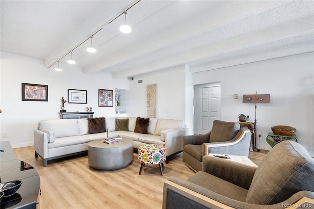 living room featuring light hardwood / wood-style floors, a textured ceiling, and track lighting