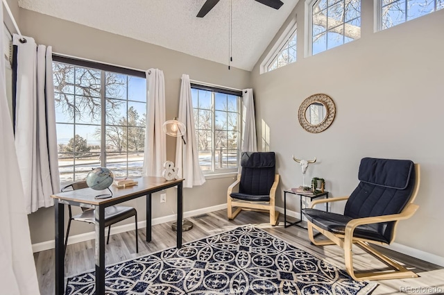 sitting room with hardwood / wood-style flooring, high vaulted ceiling, a wealth of natural light, and a textured ceiling