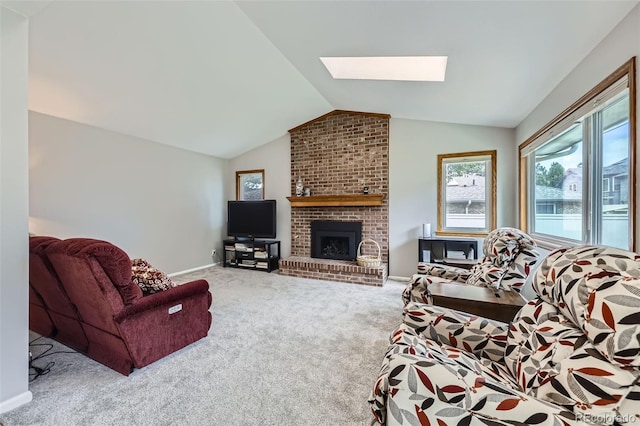 3743 W 103rd Dr, Westminster, CO 80031 - living area featuring healthy amount of natural light, carpet floors, lofted ceiling, a skylight, and a fireplace