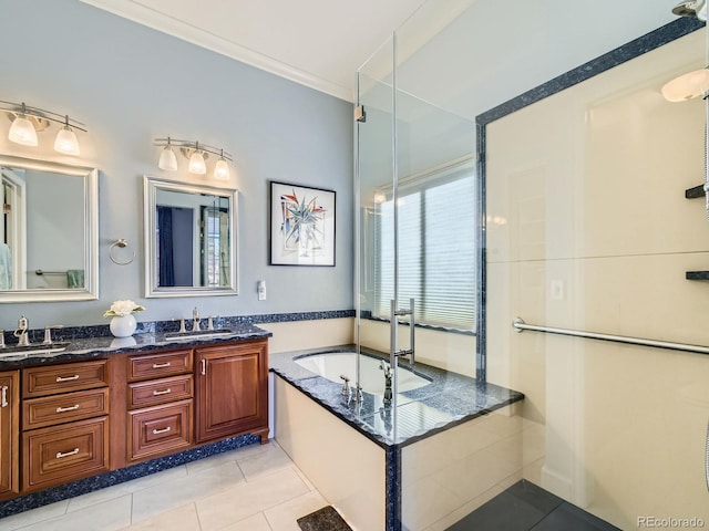 full bathroom featuring tile patterned flooring, a sink, a bath, double vanity, and crown molding