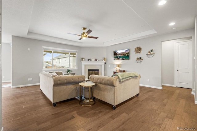 7268 Greenwater Cir, Castle Rock, CO 80108 - living room with baseboards, a raised ceiling, wood finished floors, and a glass covered fireplace