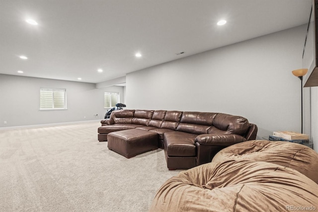 7268 Greenwater Cir, Castle Rock, CO 80108 - living room featuring baseboards, carpet, visible vents, and recessed lighting